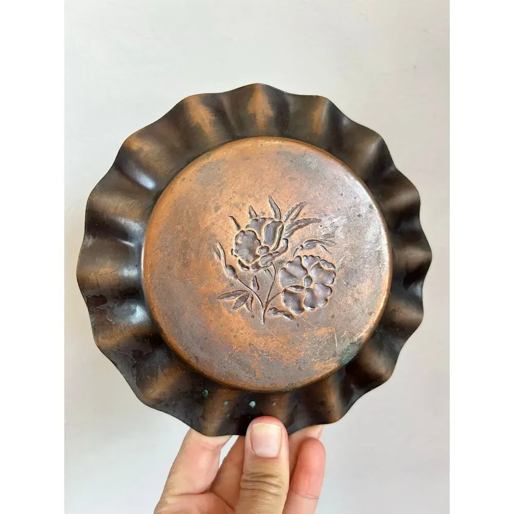 Vintage Copper Scalloped Dish Embossed Floral Poppy Design Trinket Tray